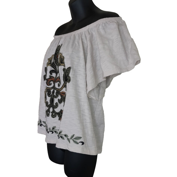 Democracy Peasant Top Sz L Boho Gypsy Off White Beige Flutter Sleeve Runs Small - Picture 3 of 16
